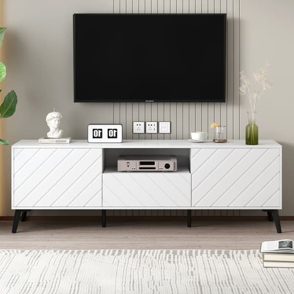 Moderne skandinavisk tv-stativ 170cm til 70" TV - 2 døre 1 kasse 1 niche - hvid