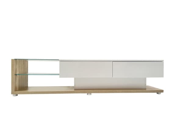 170cm TV-möbel med LED och glasvägg - 2 lådor - Vit & Natur