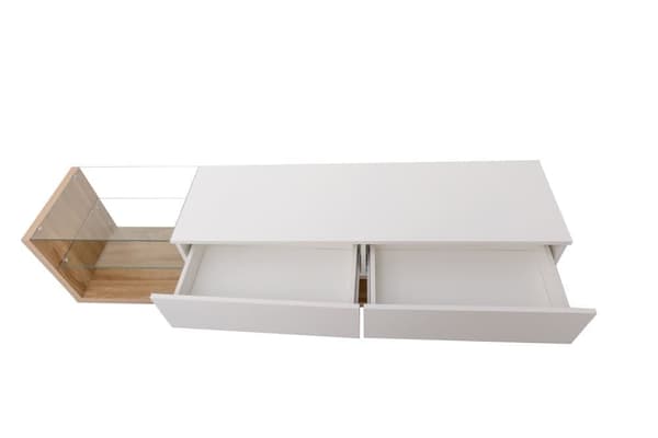 170cm TV-möbel med LED och glasvägg - 2 lådor - Vit & Natur