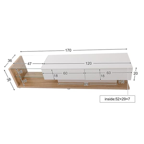 170cm TV-möbel med LED och glasvägg - 2 lådor - Vit & Natur