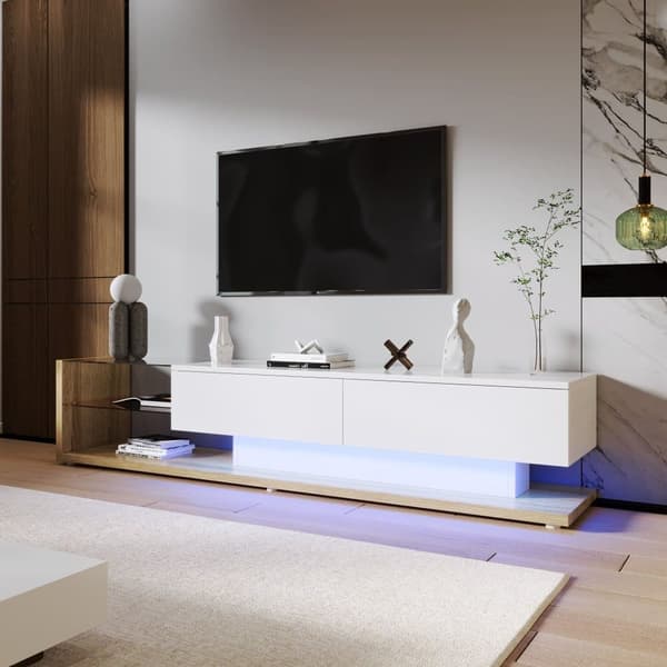 170cm TV-möbel med LED och glasvägg - 2 lådor - Vit & Natur