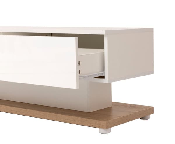 170cm TV-möbel med LED och glasvägg - 2 lådor - Vit & Natur