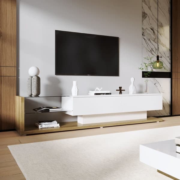 170cm TV-möbel med LED och glasvägg - 2 lådor - Vit & Natur