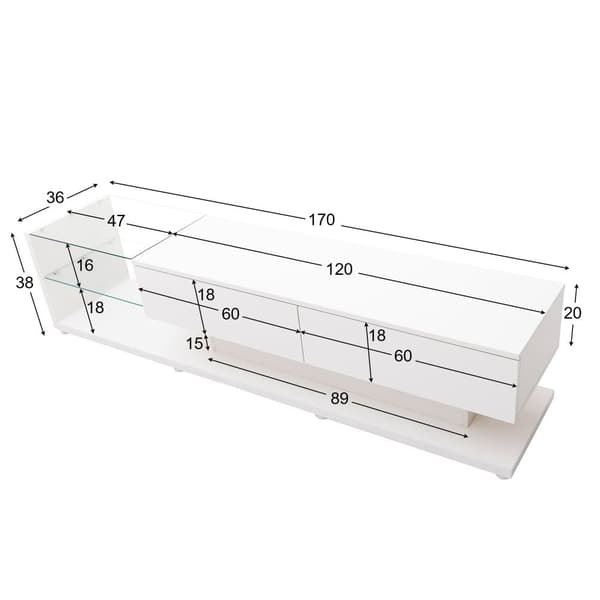 170cm TV-skab med LED og glasvæg - 2 skuffer - hvid