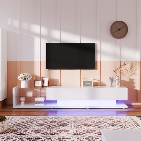 170cm TV-skab med LED og glasvæg - 2 skuffer - hvid