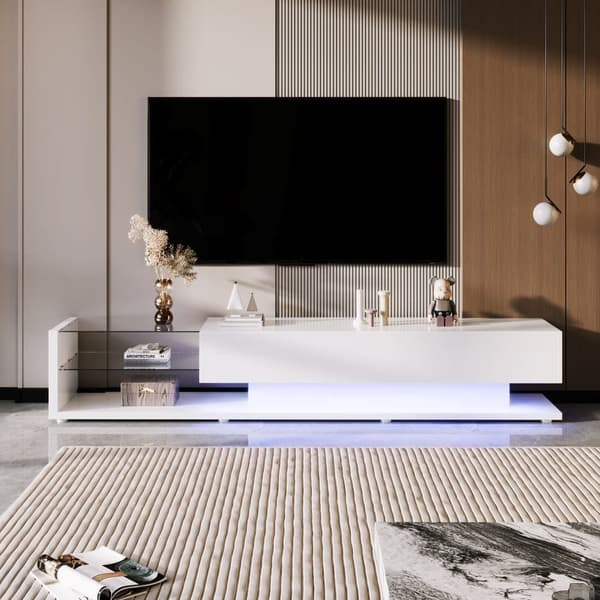 170cm TV-skab med LED og glasvæg - 2 skuffer - hvid