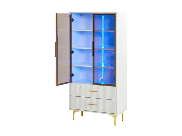 Moderni vitriinikaappi LED-valoilla ja irrotettavilla hyllyillä - K 150 cm - 2 lasiovea ja 2 laatikkoa - valkoinen
