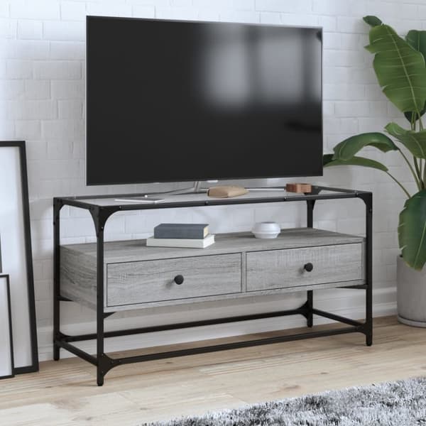 vidaXL tv-bord med glastop 98x35x51 cm konstrueret træ grå sonoma-eg