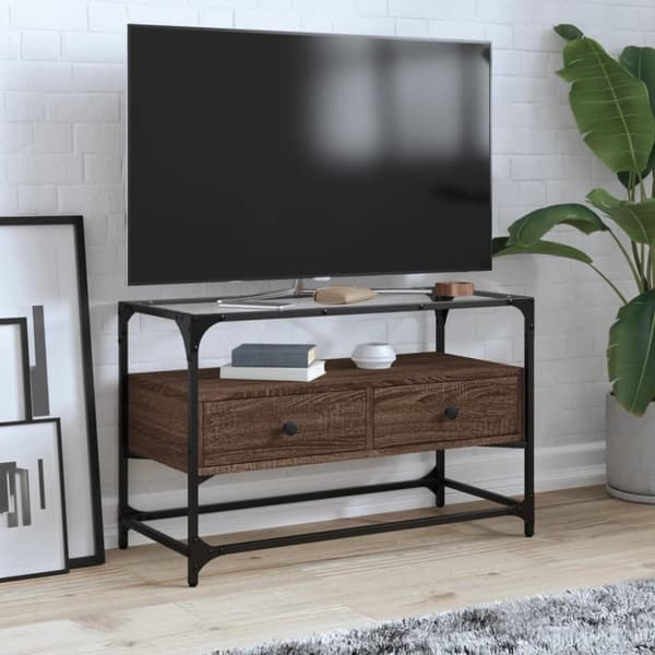 vidaXL tv-bord med glasplade 80x35x51 cm konstrueret træ brun eg