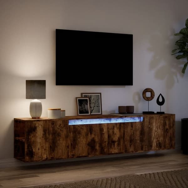 vidaXL Vegghengt TV-benk med LED røkt eik 180x31x39,5 cm
