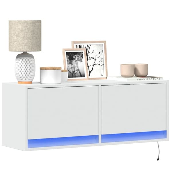 vidaXL væghængt tv-bord med LED-lys 100x31x35 cm hvid