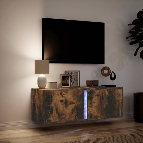 vidaXL Väggmonterad tv-bänk LED rökfärgad ek 100x31x35 cm