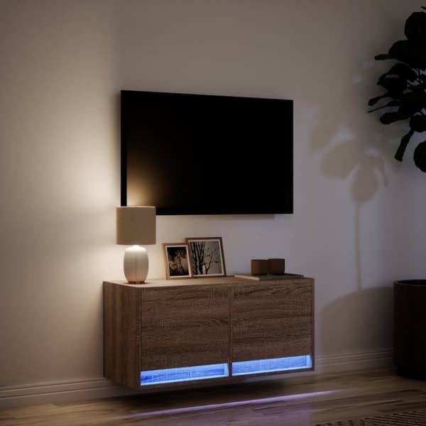 vidaXL væghængt tv-bord med LED-lys 80x31x35 cm brun egetræsfarve