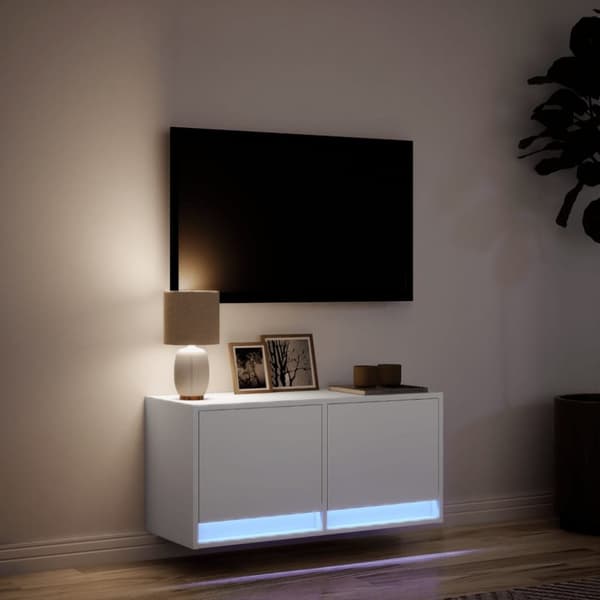 vidaXL væghængt tv-bord med LED-lys 80x31x35 cm hvid