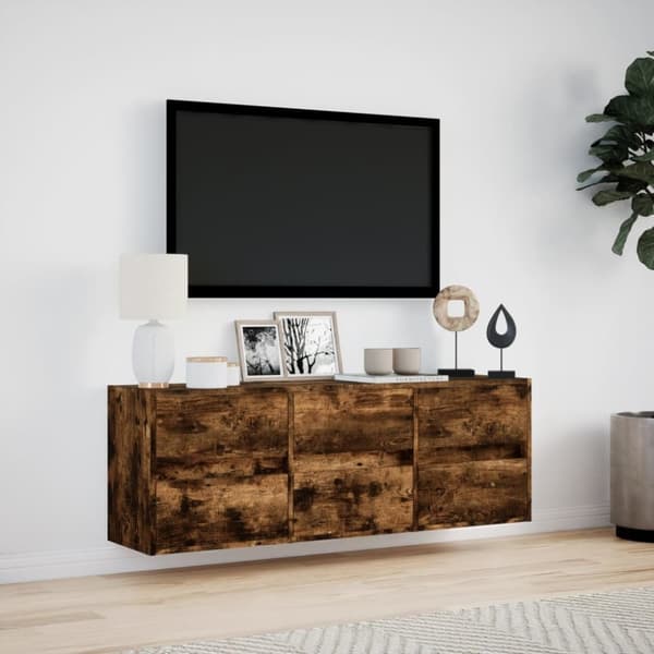 vidaXL Vegghengt TV-benk med LED røkt eik 130x31x45 cm