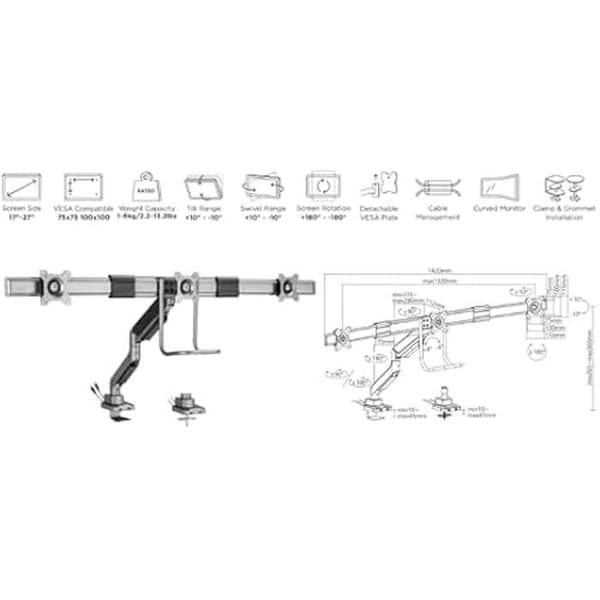 Utrusta 650162 Skrivbordsfäste för trippelskärm 17"-27"