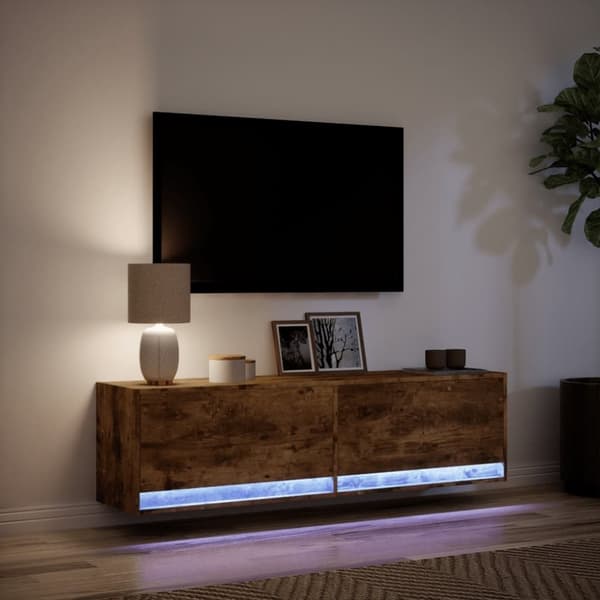 vidaXL væghængt tv-bord med LED-lys 140x31x38 cm røget egetræsfarve