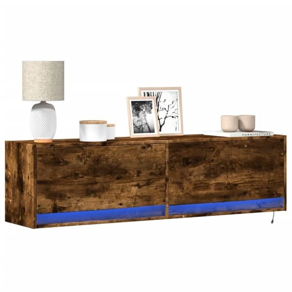 vidaXL væghængt tv-bord med LED-lys 140x31x38 cm røget egetræsfarve