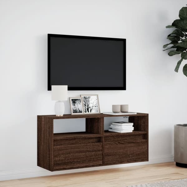 vidaXL væghængt tv-bord med LED-lys 100x31x45 cm brun egetræsfarve