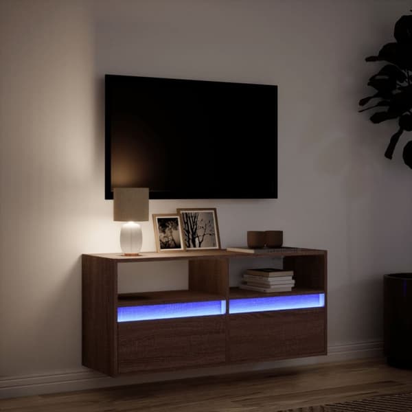 vidaXL væghængt tv-bord med LED-lys 100x31x45 cm brun egetræsfarve