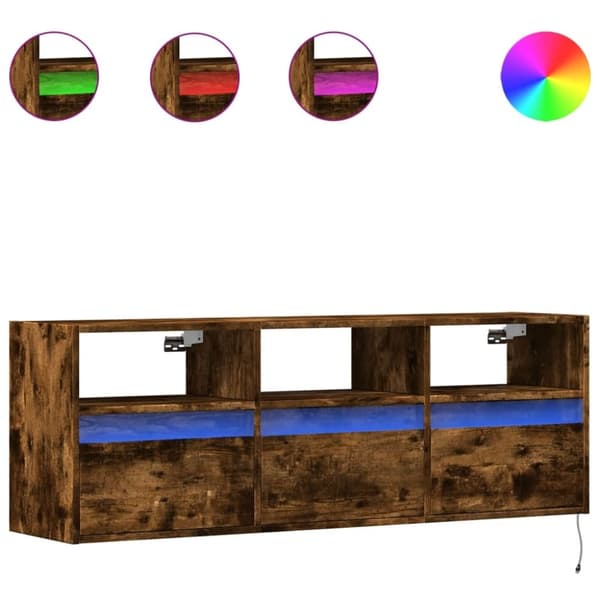vidaXL Väggmonterad tv-bänk LEDs rökfärgad ek 130x31x45 cm