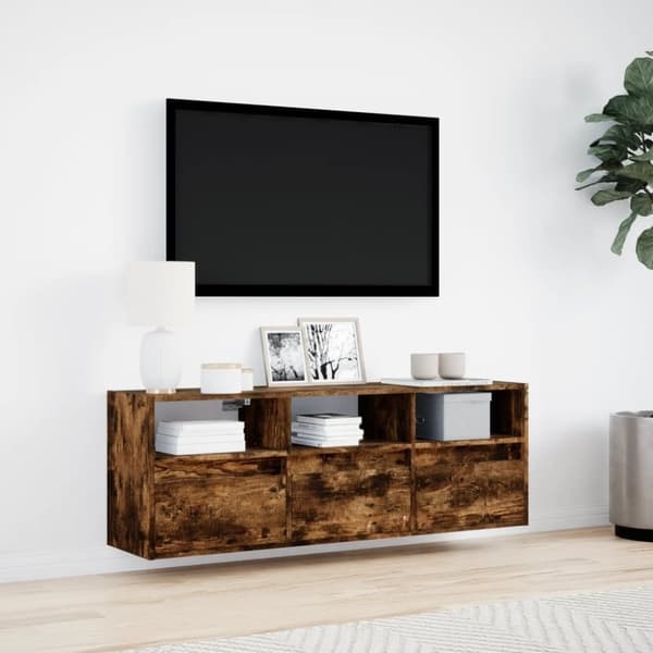 vidaXL Väggmonterad tv-bänk LEDs rökfärgad ek 130x31x45 cm