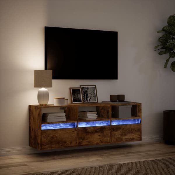 vidaXL Väggmonterad tv-bänk LEDs rökfärgad ek 130x31x45 cm