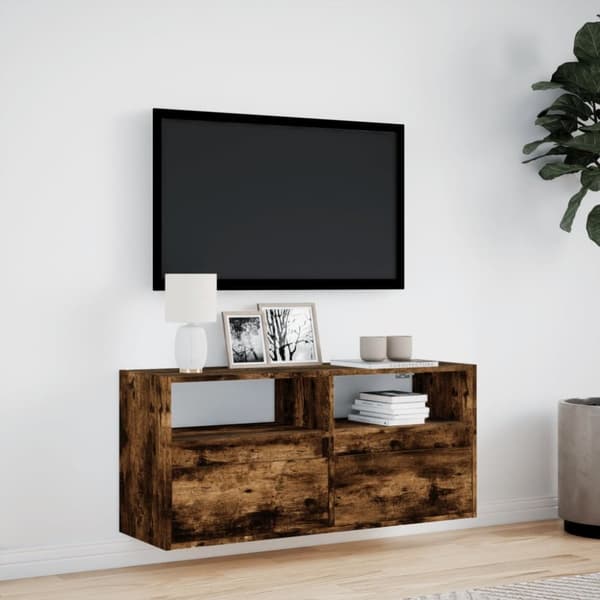 vidaXL Väggmonterad tv-bänk LEDs rökfärgad ek 100x31x45 cm