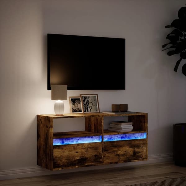 vidaXL Väggmonterad tv-bänk LEDs rökfärgad ek 100x31x45 cm