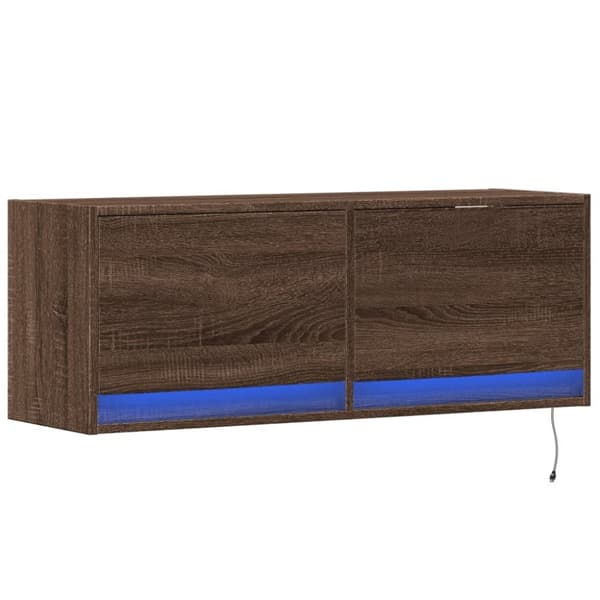 vidaXL væghængt tv-bord med LED-lys 100x31x35 cm brun egetræsfarve