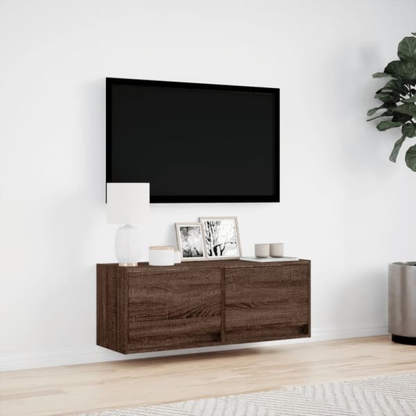 vidaXL væghængt tv-bord med LED-lys 100x31x35 cm brun egetræsfarve