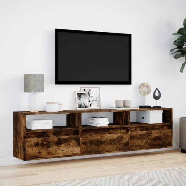 vidaXL væghængt tv-bord med LED 180x31x45 cm røget egetræsfarve