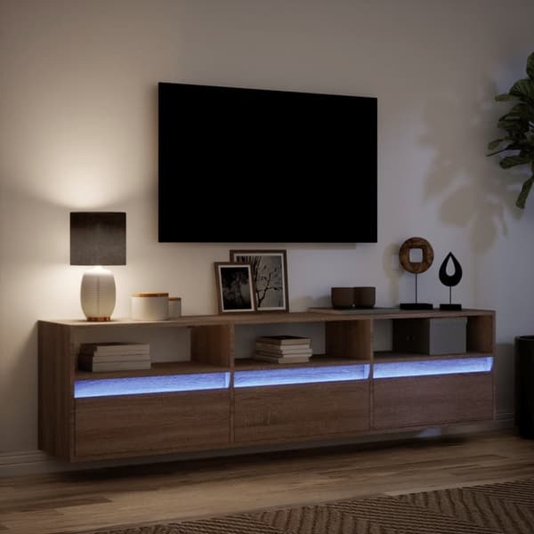 vidaXL Vegghengt TV-benk med LED brun eik 180x31x45 cm