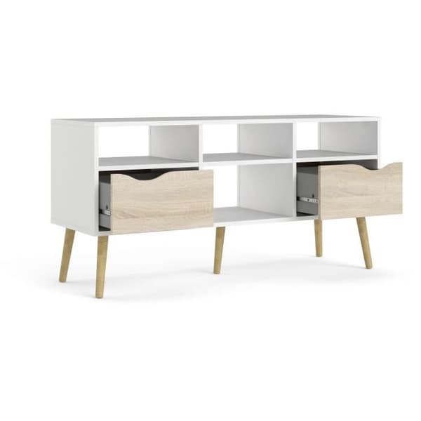 TV-skåp - 4 nischer 2 lådor - Vit / Ek - 117,2 x 39,1 x 57,4 cm