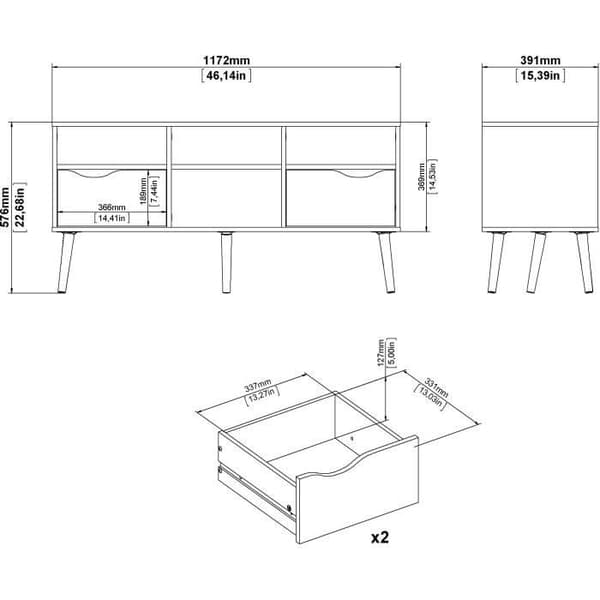 TV-skåp - 4 nischer 2 lådor - Vit / Ek - 117,2 x 39,1 x 57,4 cm