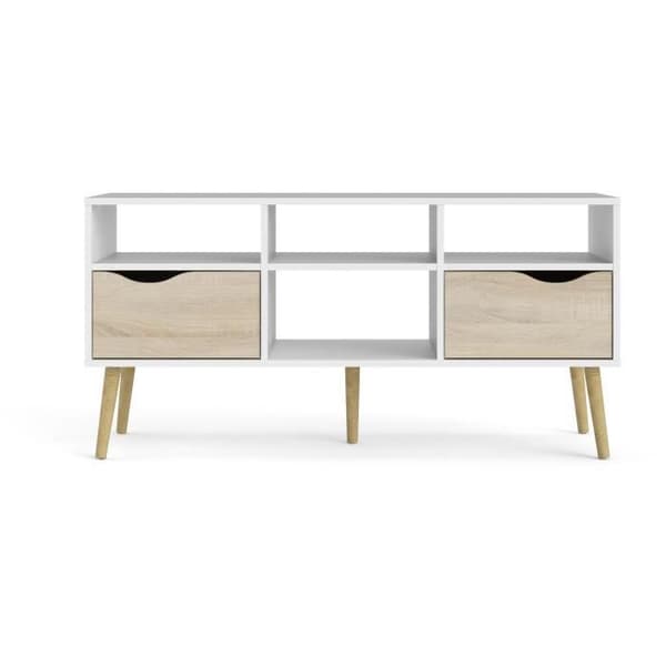 TV-skåp - 4 nischer 2 lådor - Vit / Ek - 117,2 x 39,1 x 57,4 cm