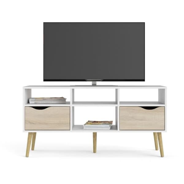 TV-skåp - 4 nischer 2 lådor - Vit / Ek - 117,2 x 39,1 x 57,4 cm