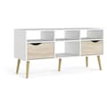Pikkukuva 1 / 6: TV-skåp - 4 nischer 2 lådor - Vit / Ek - 117,2 x 39,1 x 57,4 cm