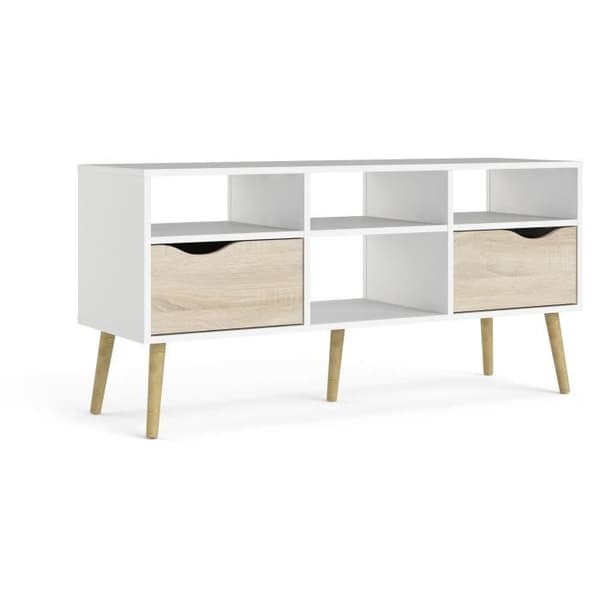 TV-skåp - 4 nischer 2 lådor - Vit / Ek - 117,2 x 39,1 x 57,4 cm