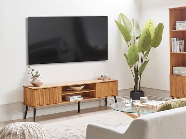 TV-stativ i Lyst Tre med 2 Dører og Hyller Industriell Stil Stuemøbler Innredning Tilbehør