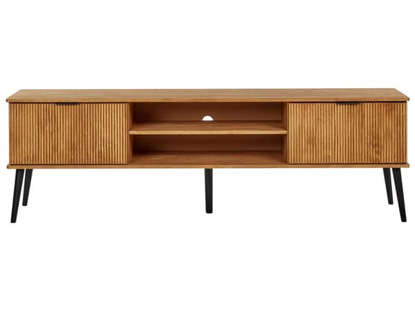 TV bord Lyst Træ MDF og Sort Metalben 160 x 50 x 40 cm Fjernsynsbord Opbevaring Låger Skuffer Hylder Stuemøbel Indretning Tilbehør