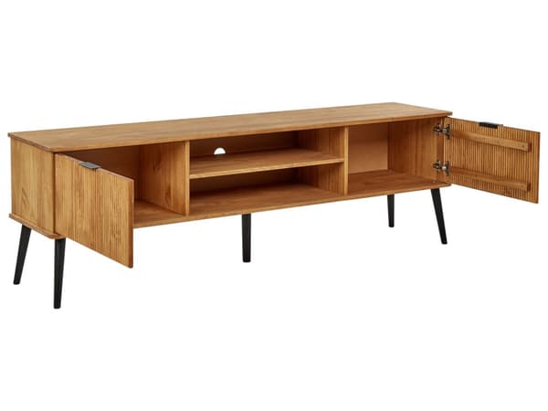 TV bord Lyst Træ MDF og Sort Metalben 160 x 50 x 40 cm Fjernsynsbord Opbevaring Låger Skuffer Hylder Stuemøbel Indretning Tilbehør