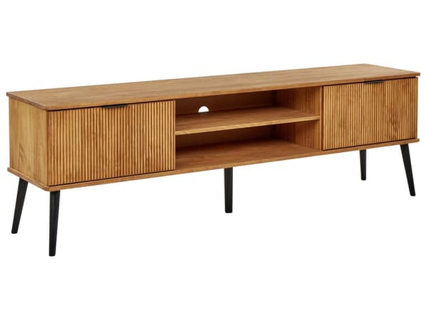 TV bord Lyst Træ MDF og Sort Metalben 160 x 50 x 40 cm Fjernsynsbord Opbevaring Låger Skuffer Hylder Stuemøbel Indretning Tilbehør