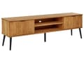 Miniatyrbillede 1 af 8: TV bord Lyst Træ MDF og Sort Metalben 160 x 50 x 40 cm Fjernsynsbord Opbevaring Låger Skuffer Hylder Stuemøbel Indretning Tilbehør
