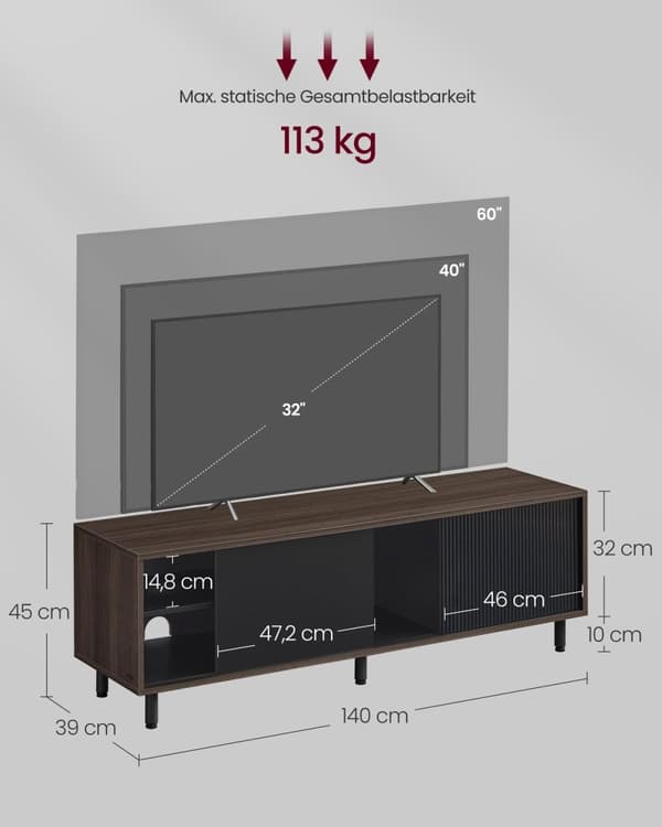 Rootz TV-skab - Underholdningsenhed - Mediestander - Spånplade glasstål - 140 cm x 39 cm x 45 cm - Stilfuldt design - Robust konstruktion