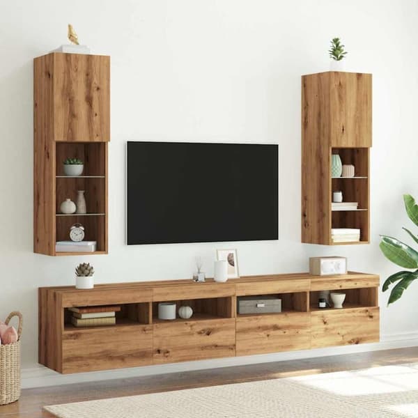 vidaXL tv-borde med LED-lys 2 stk. 30,5x30x102 cm egetræsfarve