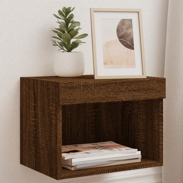 Väggmonterade sängbord med LED-lampor 2 st brun ek
