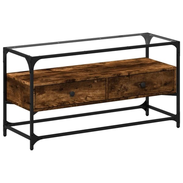 Tv-bänk med glasskiva rökfärgad ek 98x35x51 cm konstruerat trä