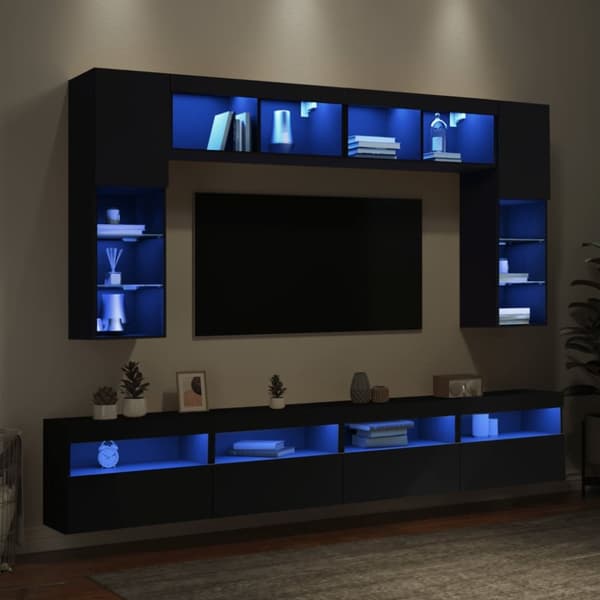 Väggmonterade tv-skåp 8 delar med LEDs svart
