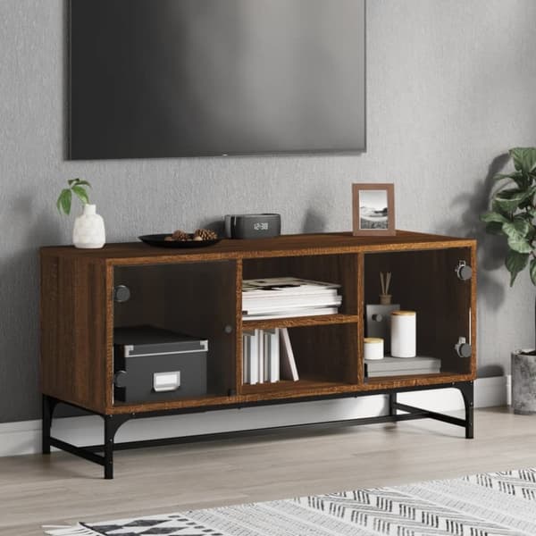 Tv-bänk med glasdörrar brun ek 102x37x50 cm